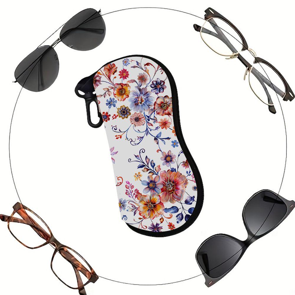 2D-Vintage Floral Print Zipper Sunglasses Case, Protective Eyewear Container with Artistic Flower Pattern, Portable Travel Accessory for Women Girls