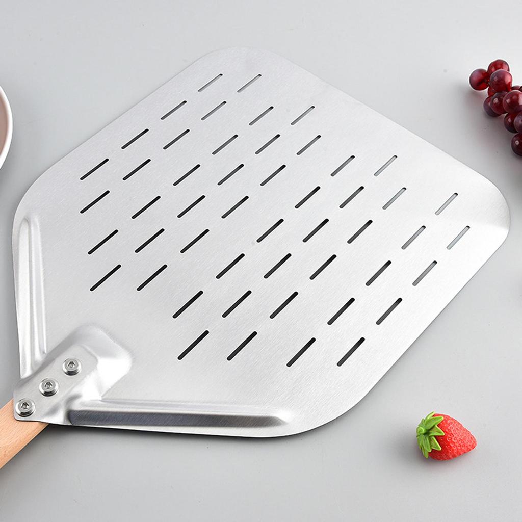 Perforated Pizza Peel 12 Inch Stainless Steel Perforated Oven Turning Tool Pizza Spatula Paddle with Wooden Handle for Kitchen