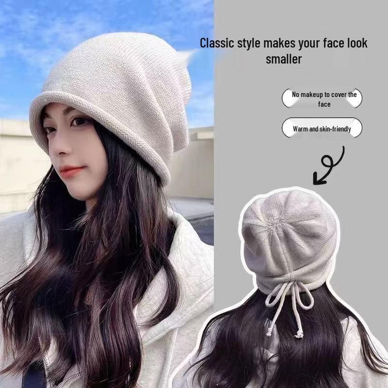 Women's Autumn Winter Wool Beanie: Warm, Knitted, Rolled Edge Design for Small Face