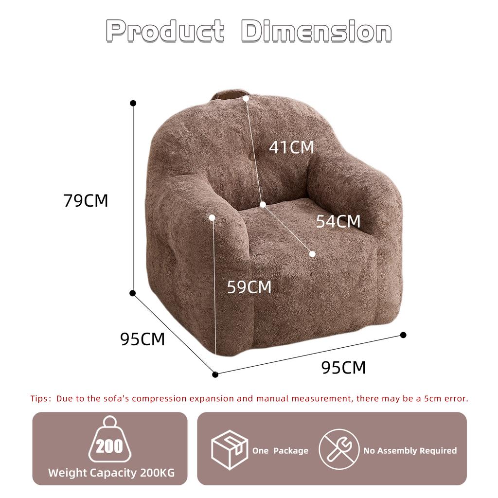 Bean Bag Chair with Shredded Sponge Filler ,Faux Fur Beanbag Sofa with Armrests , for Living Room, Bedroom & Reading,No Assembly Required ,Khaki