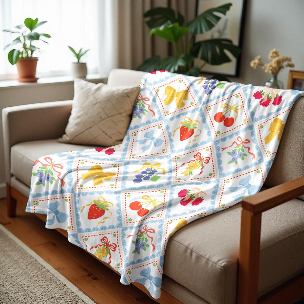 Diamond Fruit Bow Gingham Cartoon Anime Print Flannel Blanket Soft Warm Throw for Kids Bedroom Sofa Christmas Office Car
