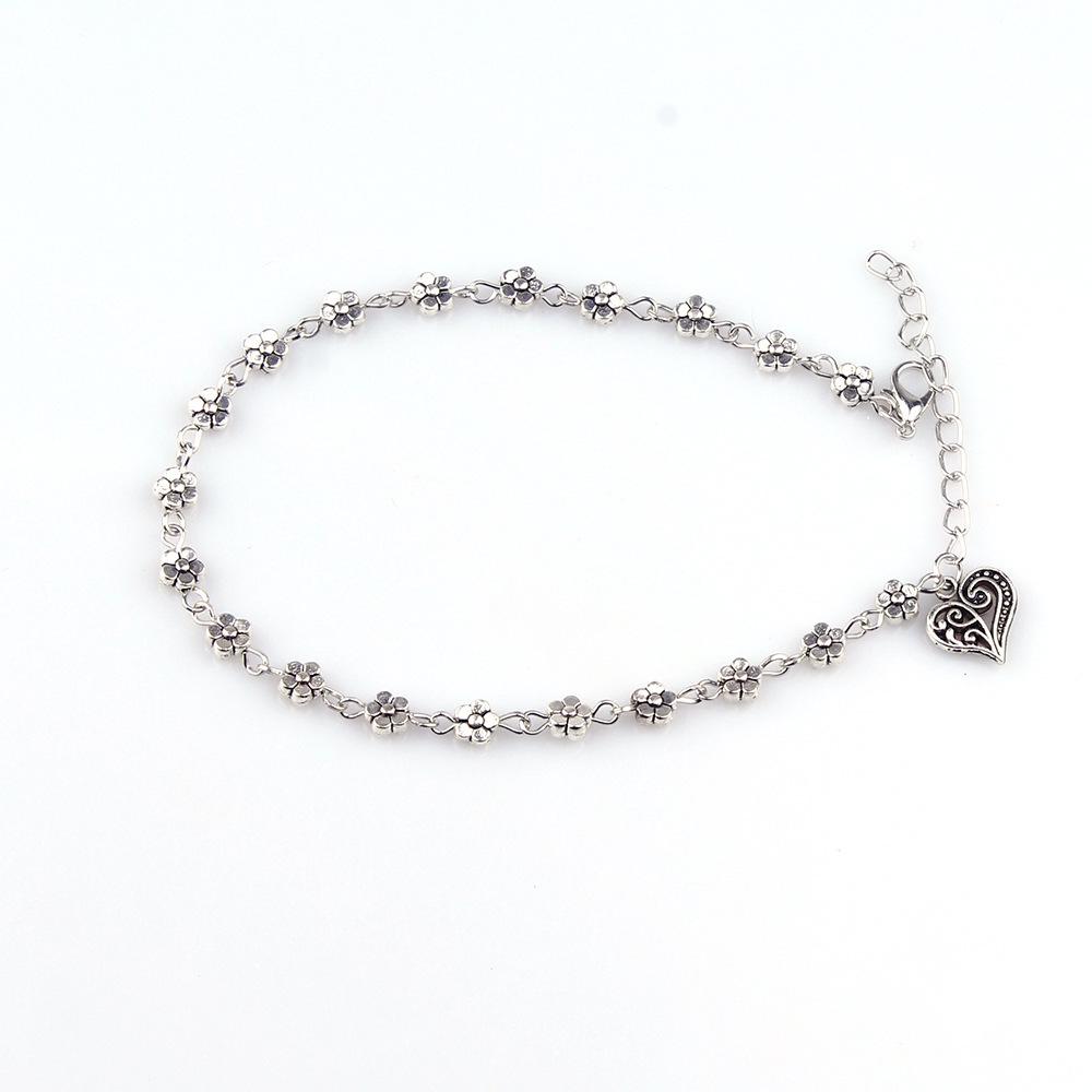 Stylish, Retro Silver Hollowed-out Five-petaled Plum Blossom Feet, Peach Heart Anklet