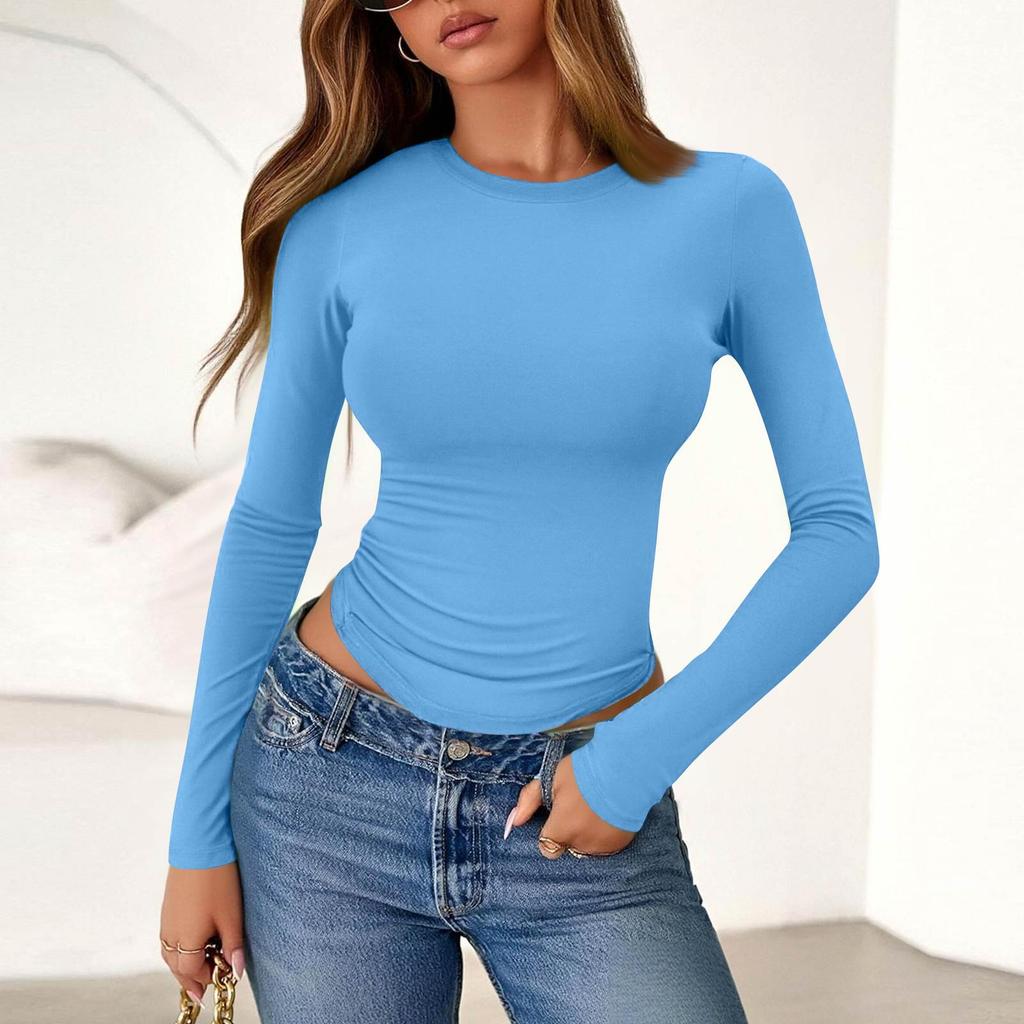 Damenmode Farbe Rundhals Langarm T-Shirt Top