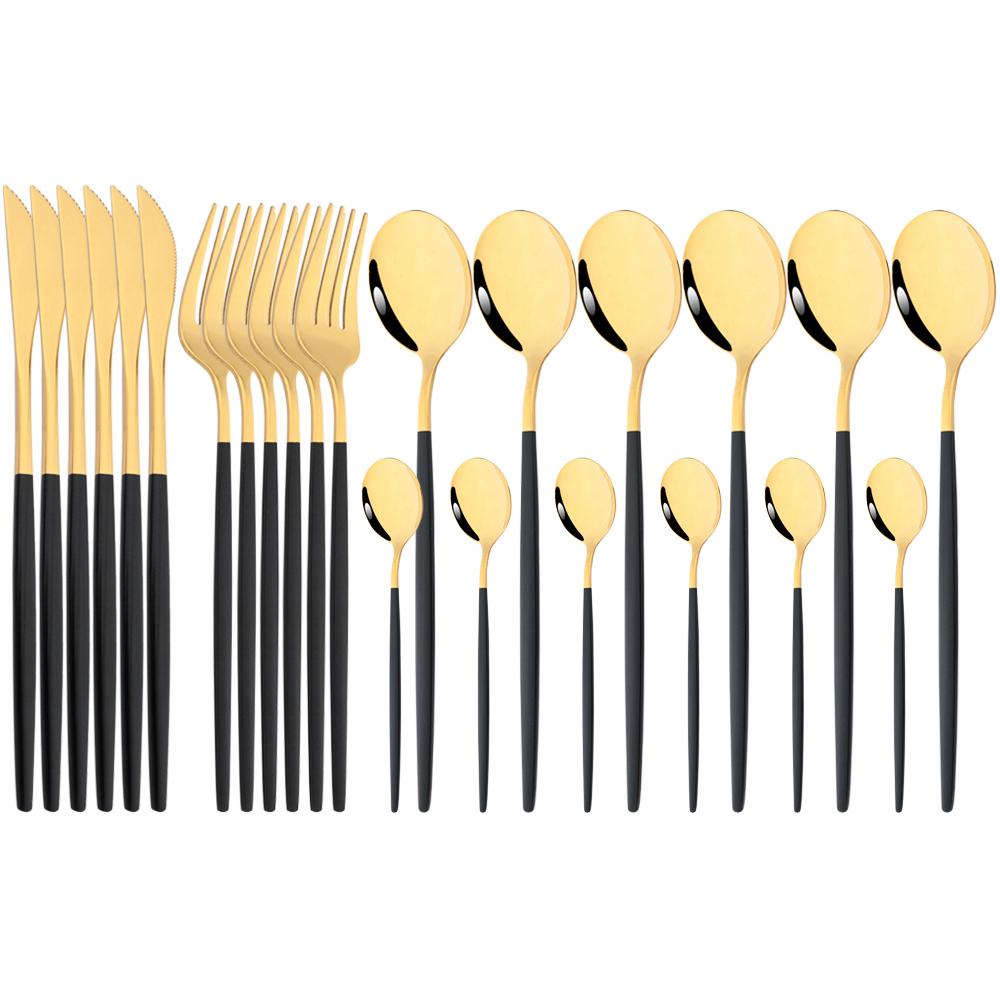 24Pcs Cutlery Stainless Steel Tableware Mirror White Gold Dinnerware Set Western Knife Fork Spoon Flatware Kitchen Silverware