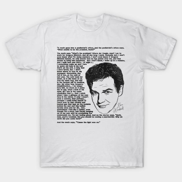 

Men Black Print T-shirt Norm Macdonald -- A Moth Goes... Joke No-Cut Transfer Paper Print Cotton Tshirt S белый