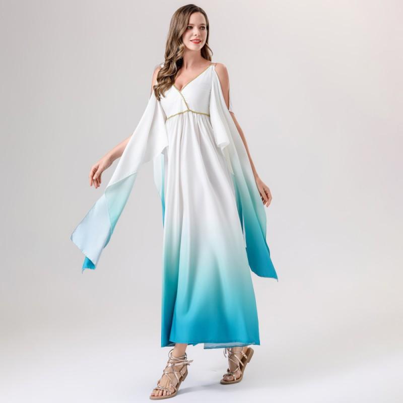 Elegant Egyptian Greek Goddess Costume Dress Women Halloween Party Cosplay Outfit White Blue