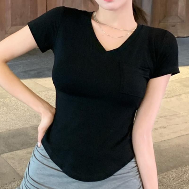 

GMXIA Женская модная повседневная футболка с коротким рукавом и V-образным вырезом и топ XXL чёрный