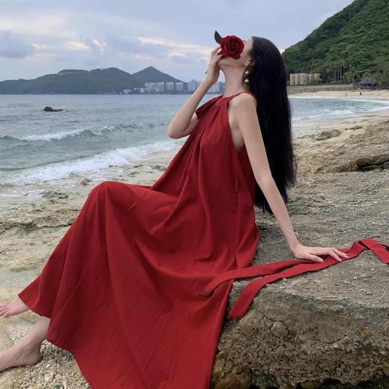 Vintage French-Chinese Red Halter Dress: Women's Summer Beach Swing