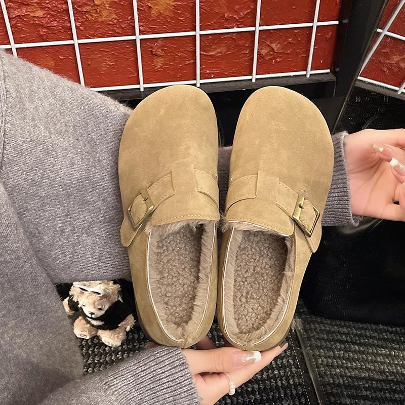 Stepping on shit, pregnant women's baotou half slippers, women's autumn and winter wear one pedal, velvet without heel, retro Birkencotton slippers