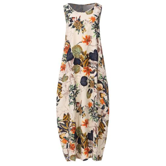 Abito Lungo Lento da Donna Vintage Senza Maniche Scollo O Stampa Floreale Foglie Cotone Lino