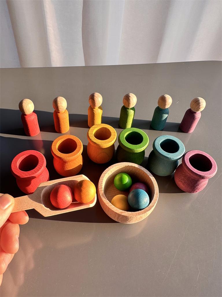 Beech Wooden Rainbow Sorting Toys Early Learning for Kids Pastel Pot Peg Dolls with Balls