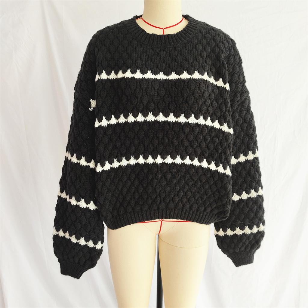 Autumn and winter new sweater thick needle loose oversize Fried Dough Twists stripe round neck pullover women 3614