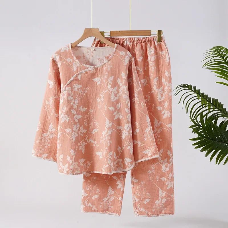 

Новый женский пижамный комплект 2025 года для весны и осени, 100% хлопок, жаккард из марли, с длинным рукавом и длинными брюками, свободная домашняя одежда, комплект из двух предметов XL