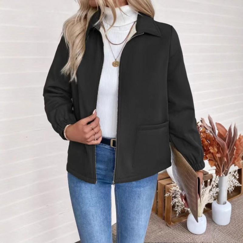Womens Elegant Office Chic Short Zip-Up Blazer Jacket With Lapel Collar Front Pockets