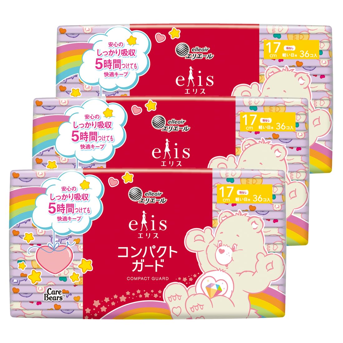 

Ellis Compact Guard Прокладки Care Bear 108 штук x 3 Легкие Ежедневные Гигиенические Покупка Оптом Дизайн, Без крылышек, 17 см, (36 упаковок), Салфетки,
