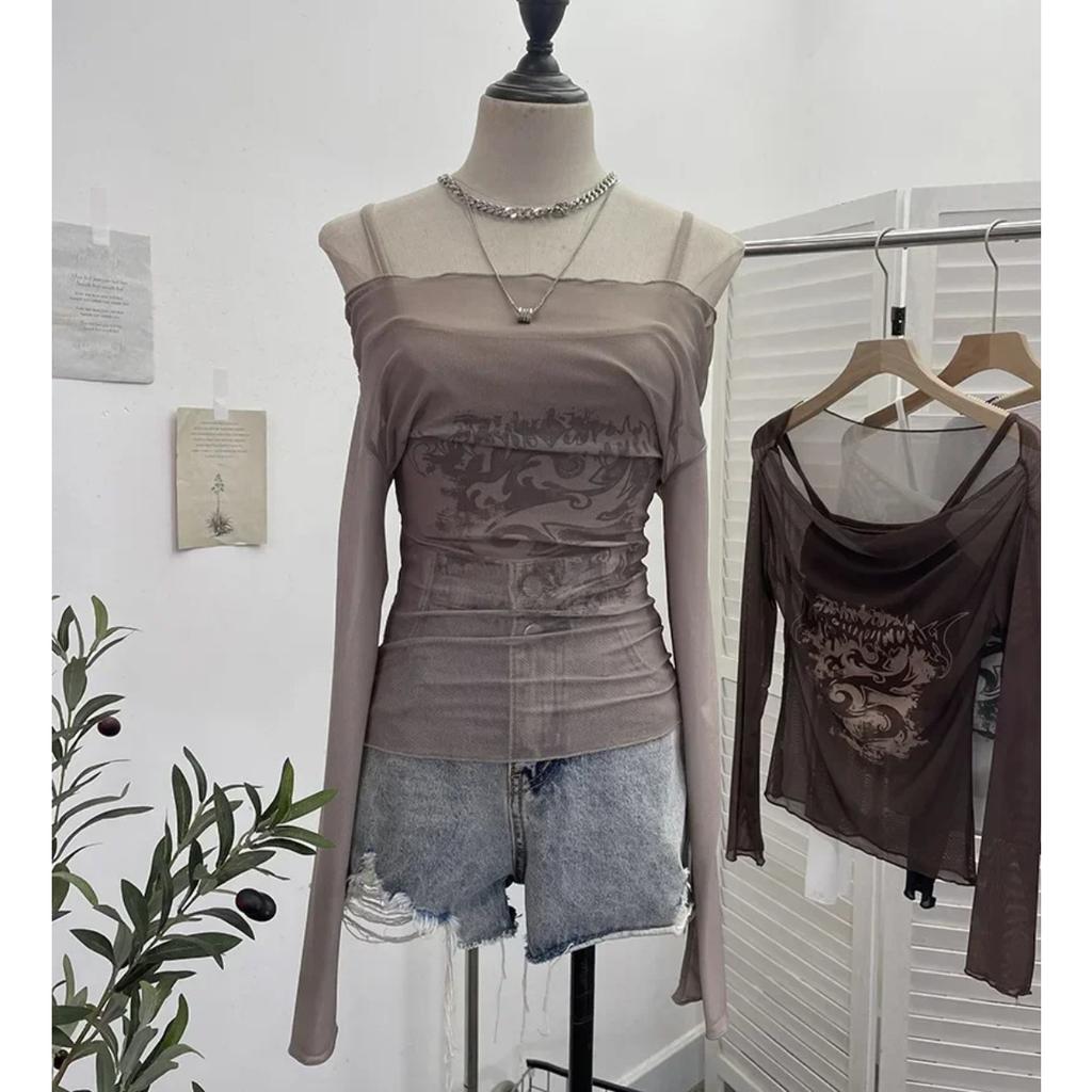 2KWEIRD Women Retro Y2K Hot Girl One Shoulder Mesh Sunscreen Cover Up Camisole Long Sleeve T-Shirt Two-piece Tops Suit Daily Outfit