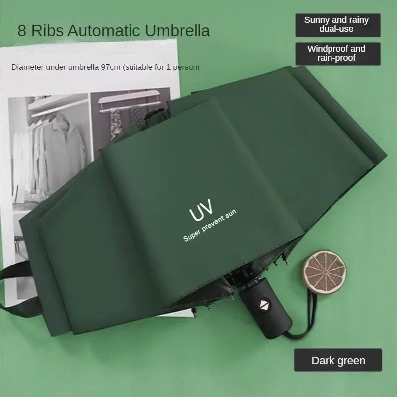 Automatic Rain & Sun Umbrella Black Coating Parasol Anti-UV 3 Folding Wind Resistant Auto Luxury Big Windproof Women Men 8Ribs