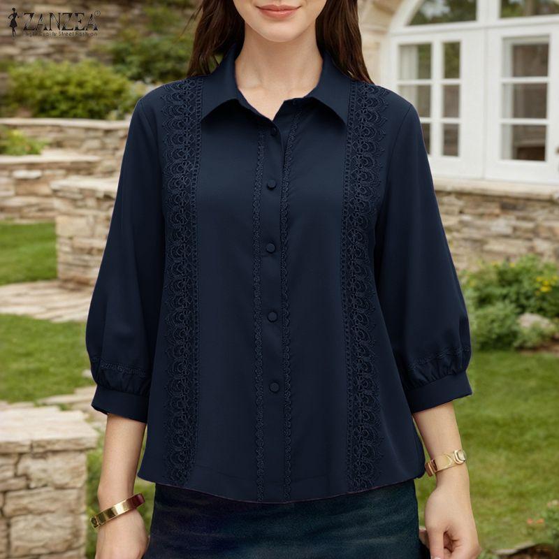 ZANZEA Women Turn Down Collar 3/4 Sleeve Casual Splice Blouse
