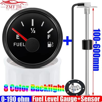 0-190 Ohm Fuel Float Level Sensor+52MM Fuel Level Gauge 8 Color Waterproof Pointer Oil Tank Meter Car Boat Marine 12V 24V