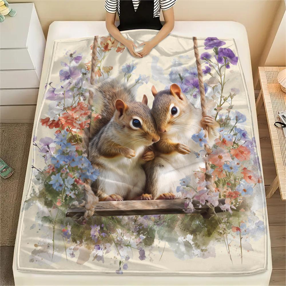 Two Squirrels,pattern Flannel Blanket, High quality Comfortable for All Seasons, Home Decor, Warmth and Comfort, Perfect for Gifts.