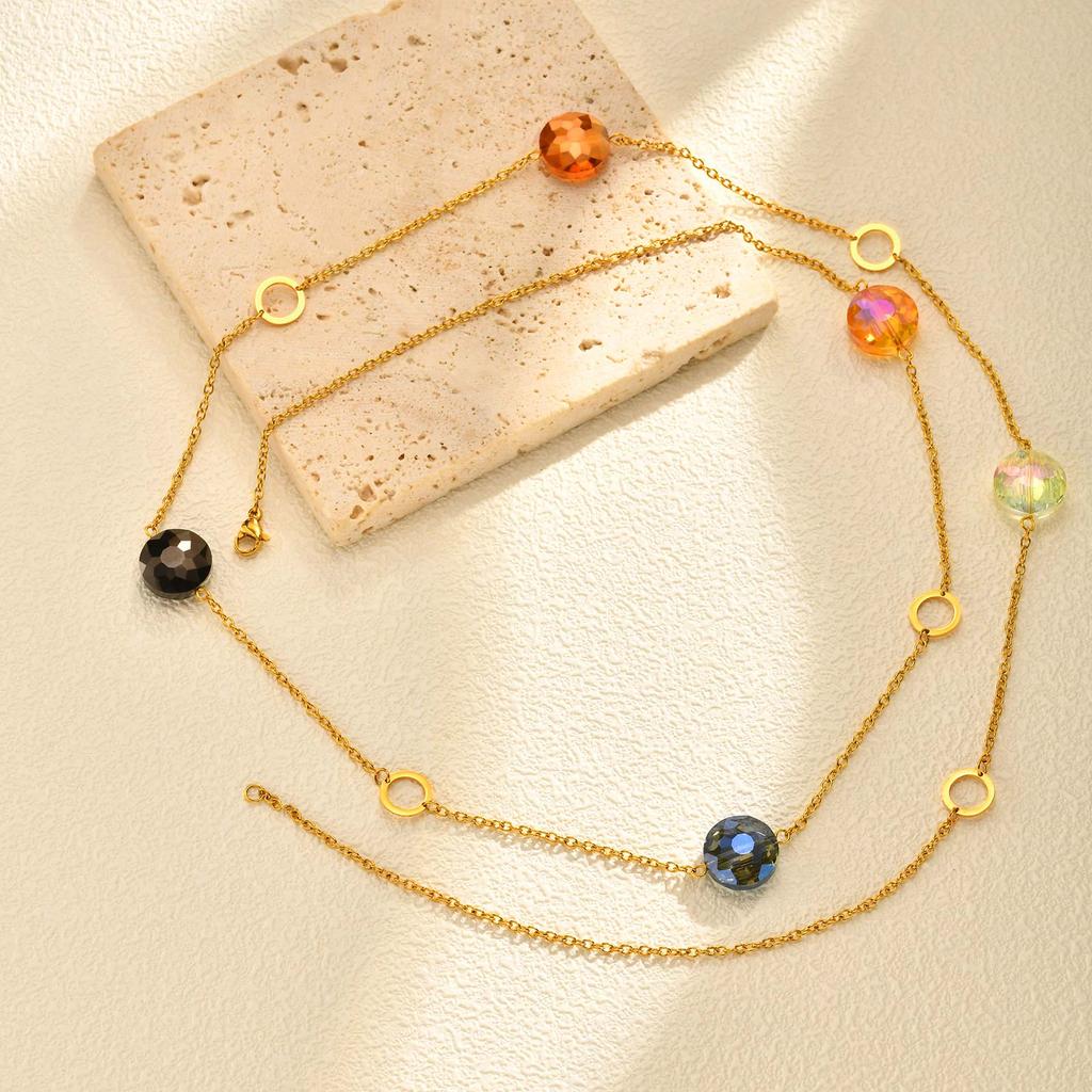 Chic Geometric Colored Beads Long Necklace, Stainless Steel Layered Sweater Chain Necklace, Stackable Fashion Jewelry for Women