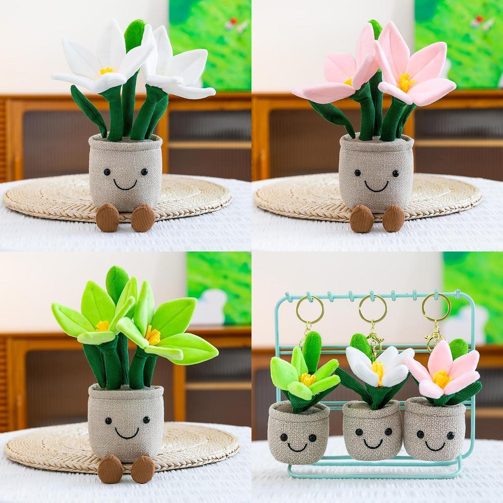 Kreslená liliová květina v květináči plyšový přívěsek s výplní z broskvové bavlny pro děti a jako dárek