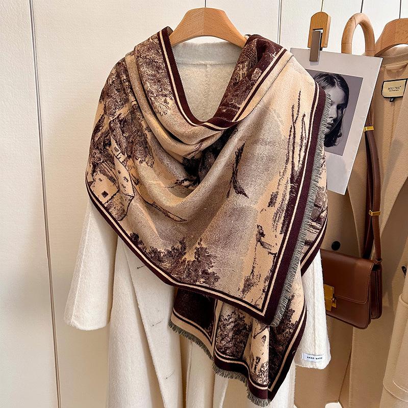 European Retro Oil Painting Landscape Painting Elegant Fashion High Sense Women Imitation Cashmere Warm Scarf