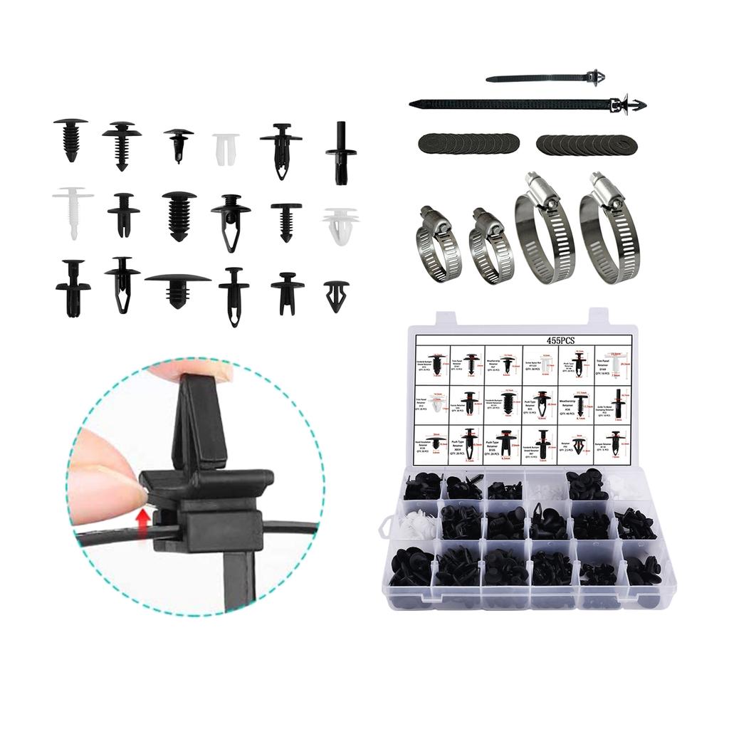 454 Pcs Car Retainer Clips & Plastic Fasteners Kit- Auto Rivets Set with Hose Clamps Door Panel