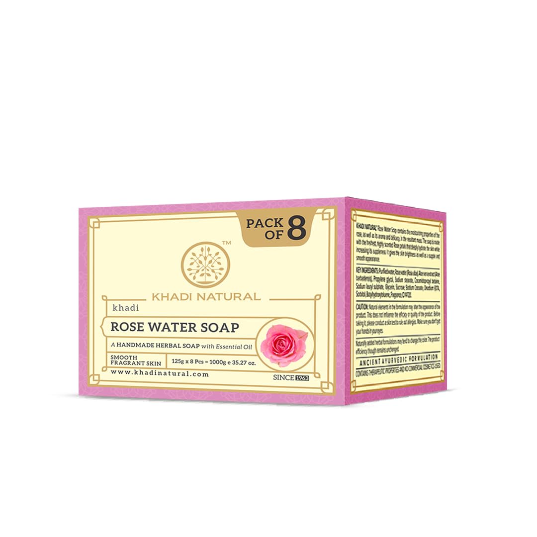 Khadi Natural Rosewater Handmade Soap Bar Moisturizing Skin Cleansing Bath Soap For Daily Use Pack Of 1 (125 g X 8PCS)