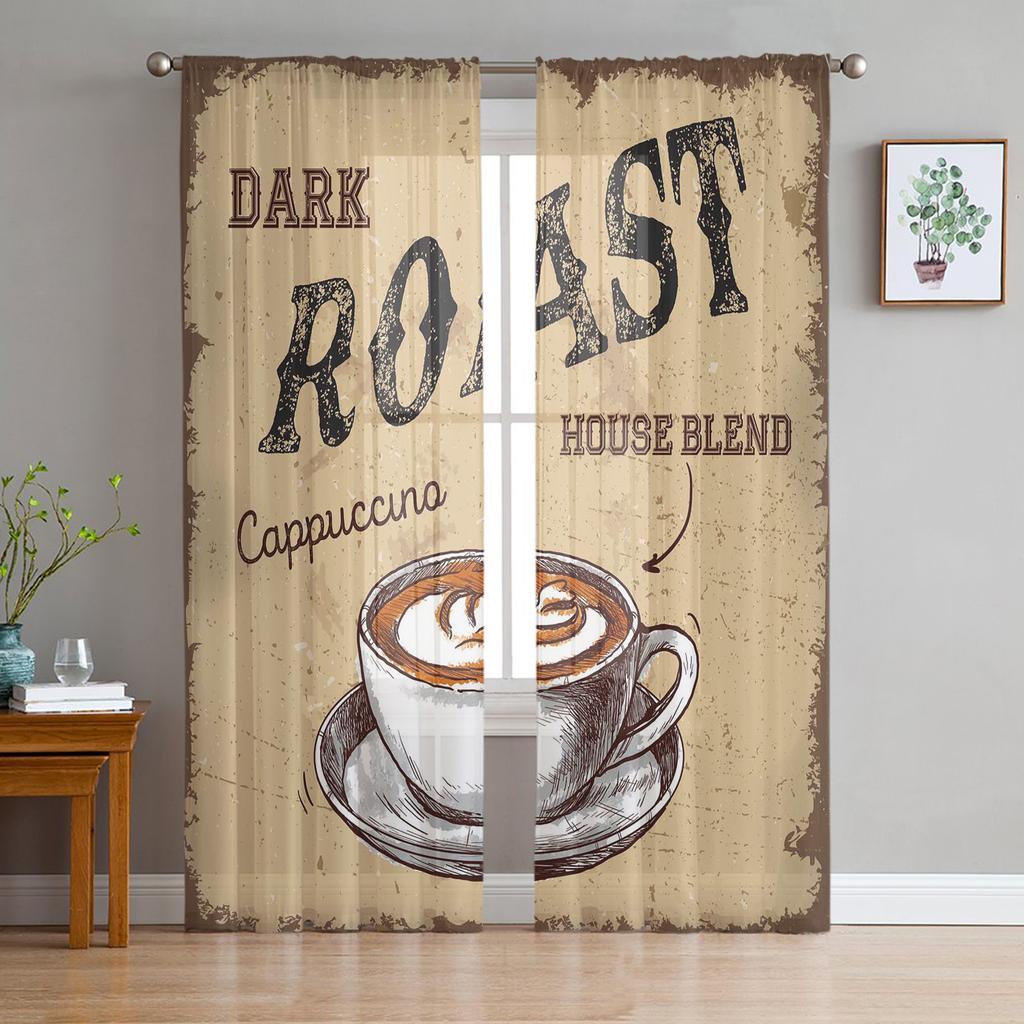 Vintage Text Coffee Tulle Curtains for Living Room Printed Sheer Voile Curtain Bedroom Window Screening Drapes Blinds Home Decor