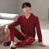 Men's Long Sleeve Pajama Set: Red Turn-Down Collar, Cotton, Auspicious for Autumn/Weddings.