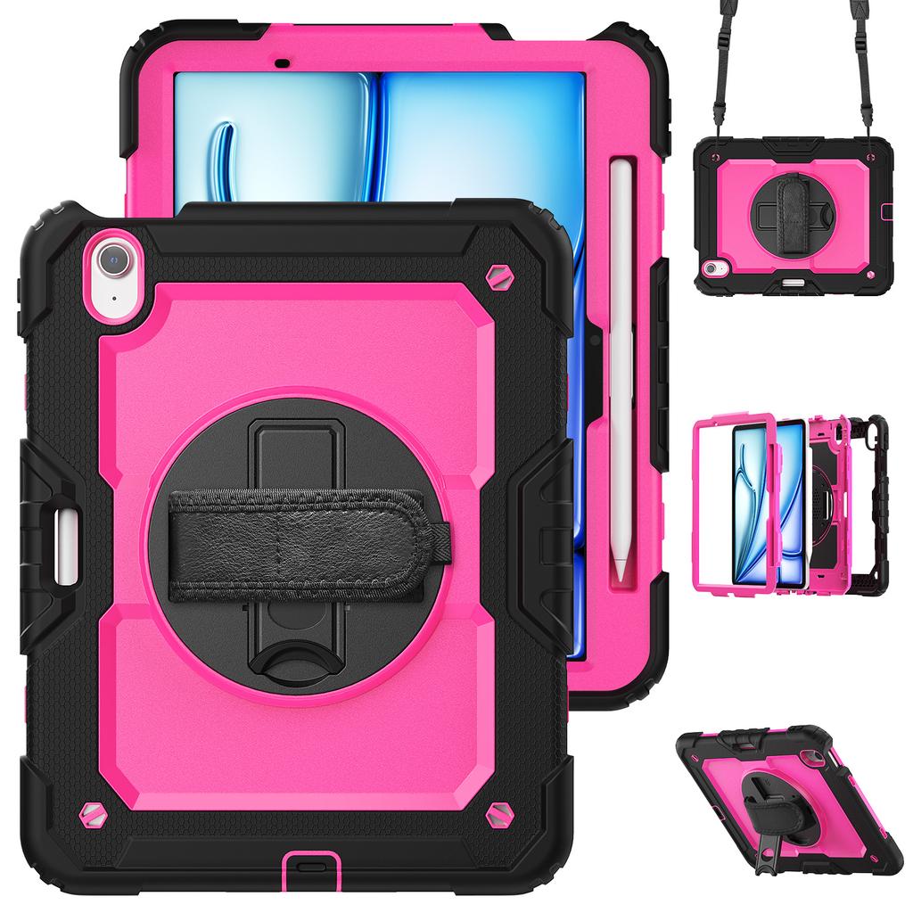 For iPad Air 11 (2025)/(2024) Case Rotating Kickstand PC+Silicone Tablet Cover with Screen Film/Shoulder Strap