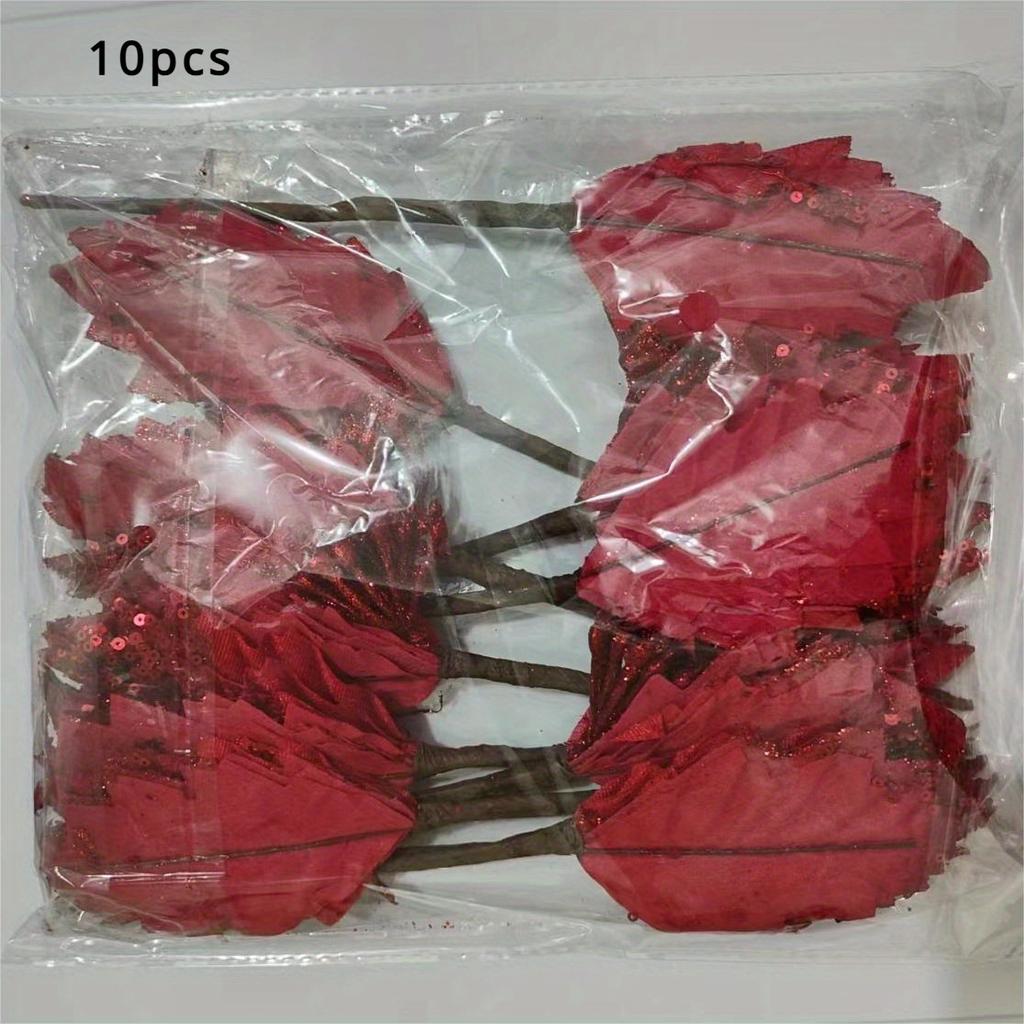 10 szt. Złota cekinowa poinsecja z czerwonymi jagodami. Idealne na choinkę, do wazonu i do dekoracji domu. Błyszczący świąteczny blask! 