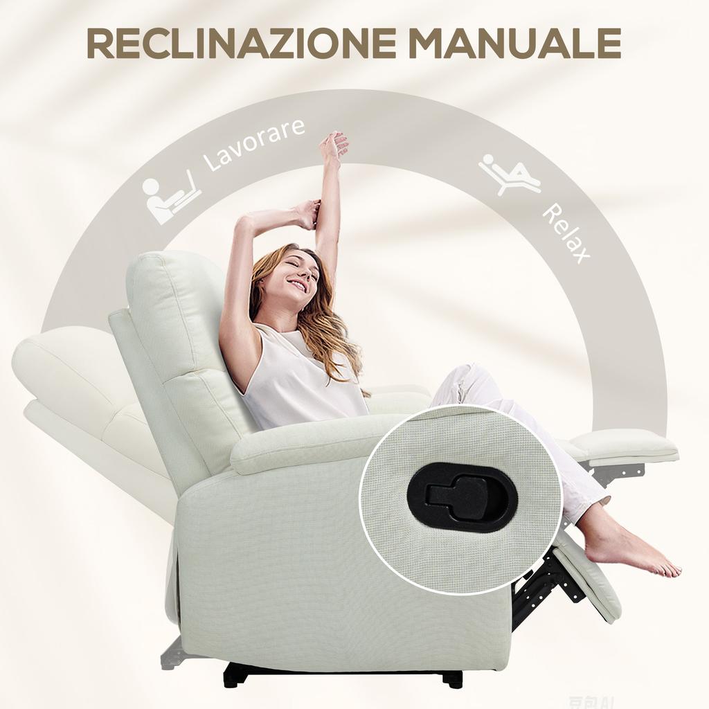 Manually Reclining Armchair to 60 degrees Extra Padded in Fabric with Footrest, Cream