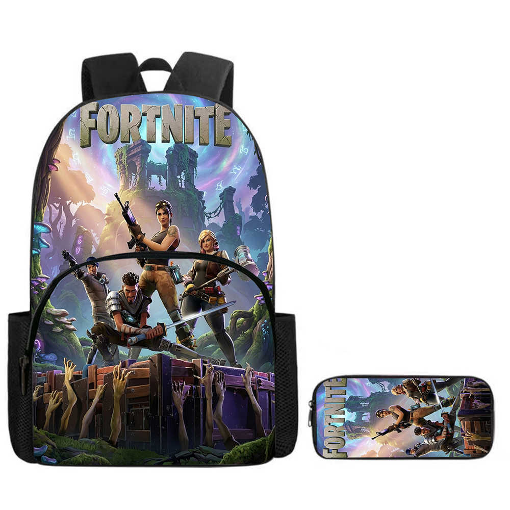 2Pcs Set Backpack With Front Pocket And Pencil Bag,Cartoon Fortnite School Bags For Boys Girls Age 5-10,Durable Lightweight Bags