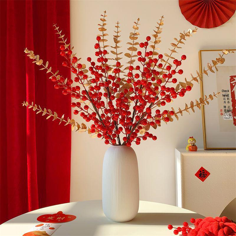 Winterberry Red Berries Artificial Flower Arrangement - New Year Housewarming Decoration for Living Room Ornaments