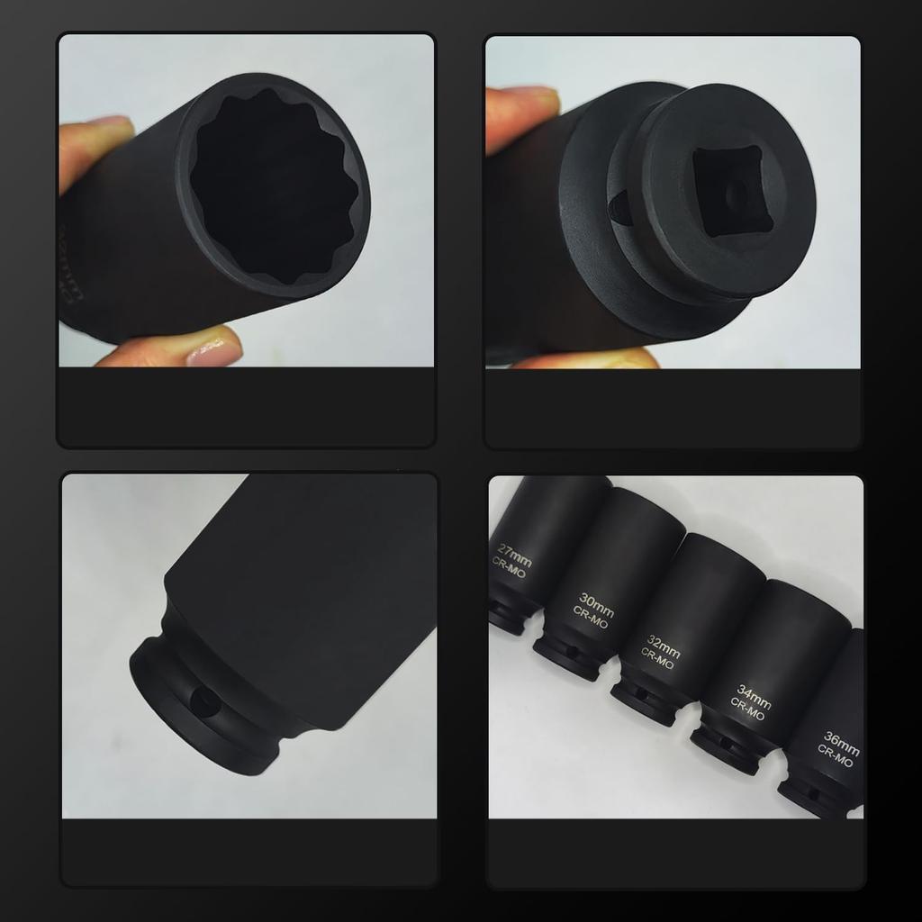 8PCS 1/2-Inch Drive Deep Impact Socket Set, 12 Point Heavy Duty Drive Deep Spindle Axle Nut, Impact Socket Nut Removal and Installation Kit.