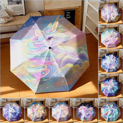 1pc Dream Unicorn Umbrella Portable Folding Umbrella Iron Frame Hole Bone Structure Outdoor Home Umbrella