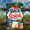 2D Flachrückseite Zurück zur Schule Apfel Schulbedarf Aluminium Metallschild - 8,0x12,0 Zoll Klassenzimmer Wanddeko, Cartoon Rucksack Buch Bleistift Hängendes Schild