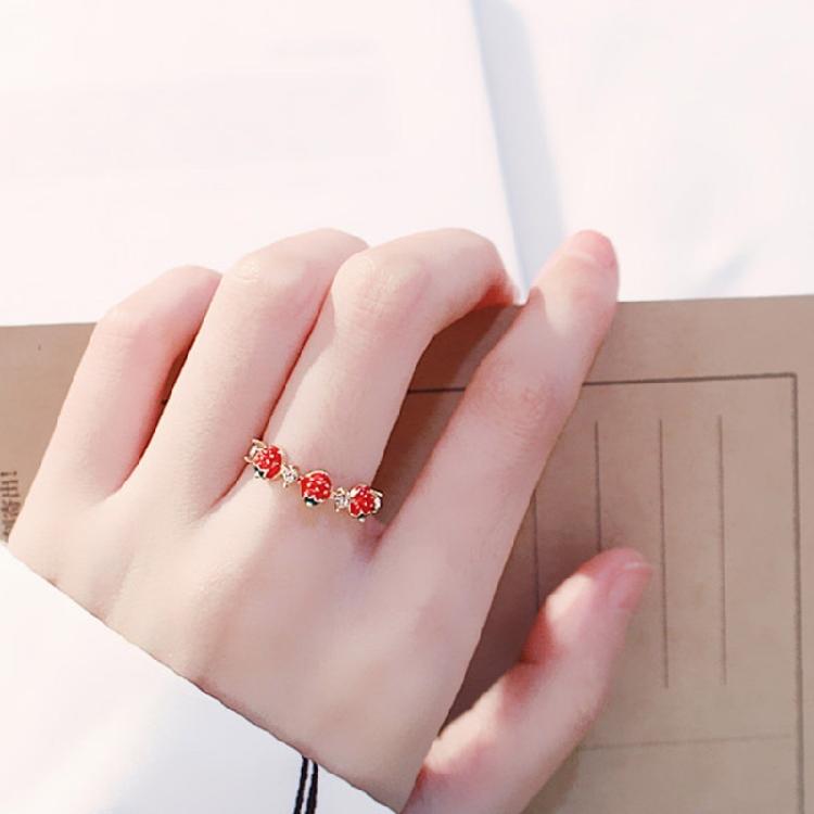 Delicate Strawberry Inspired Adjustable Ring With Faceted Cubic Zirconia Stones Polished Copper Base Fashionable Everyday Accessory