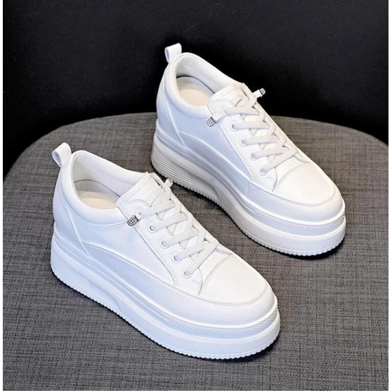 

Туфли из натуральной кожи 8 см Массивные кроссовки Платформа Каблук Танкетка Теплая женская зимняя обувь Вулканизированные кроссовки Tenis Mujer 39 белый