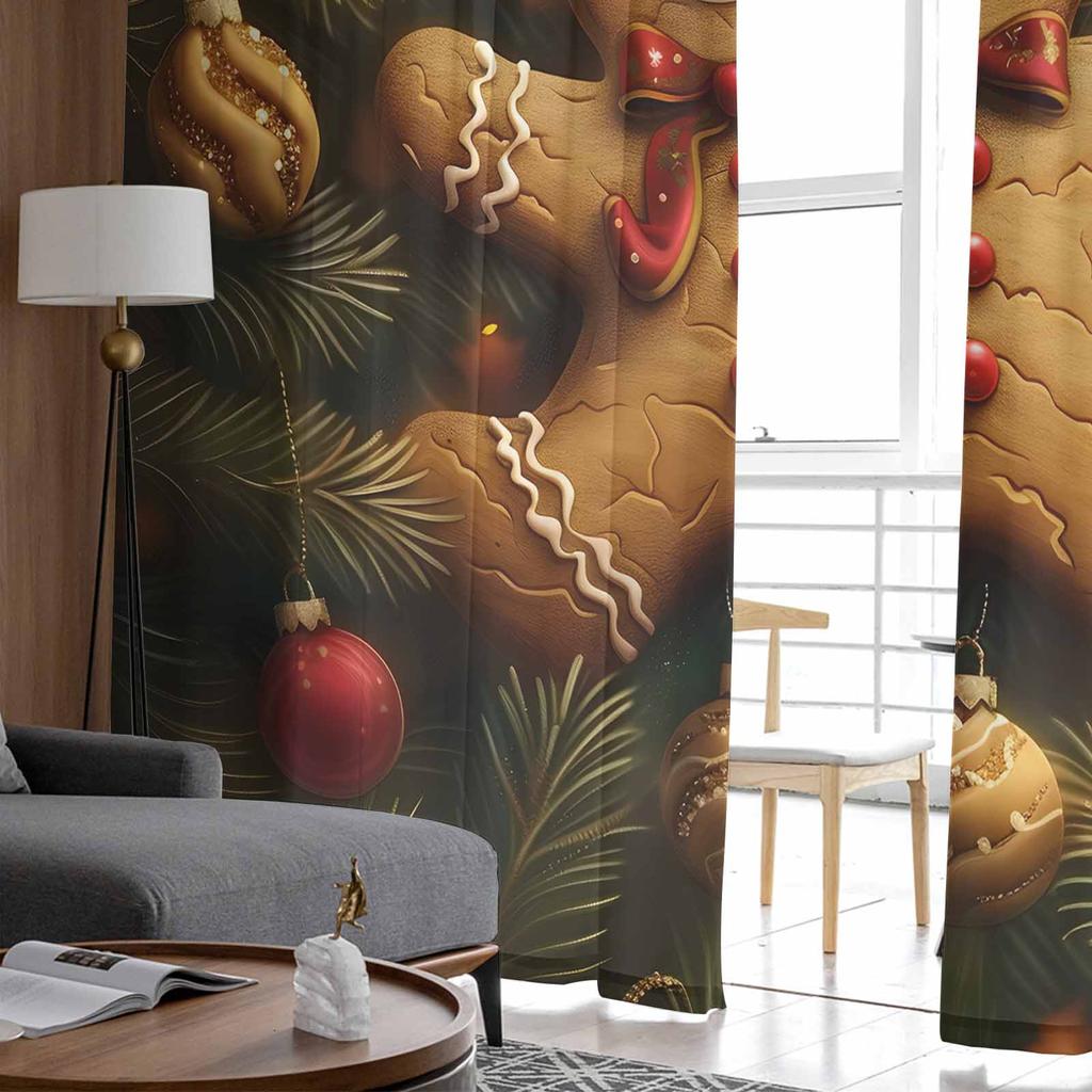 Christmas Pine Branch Gingerbread Man Curtains For Living Room Bedroom Home Decoration Window Voile Tulle Curtain Drapes