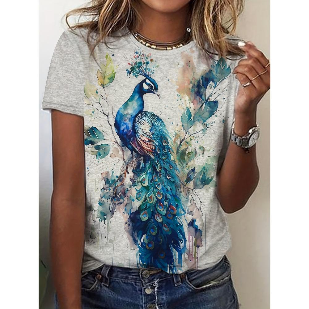 Women s Tee - Watercolor Blue Peacock Graphic, Elegant Artistic Bird Design for Casual Daily Wear S