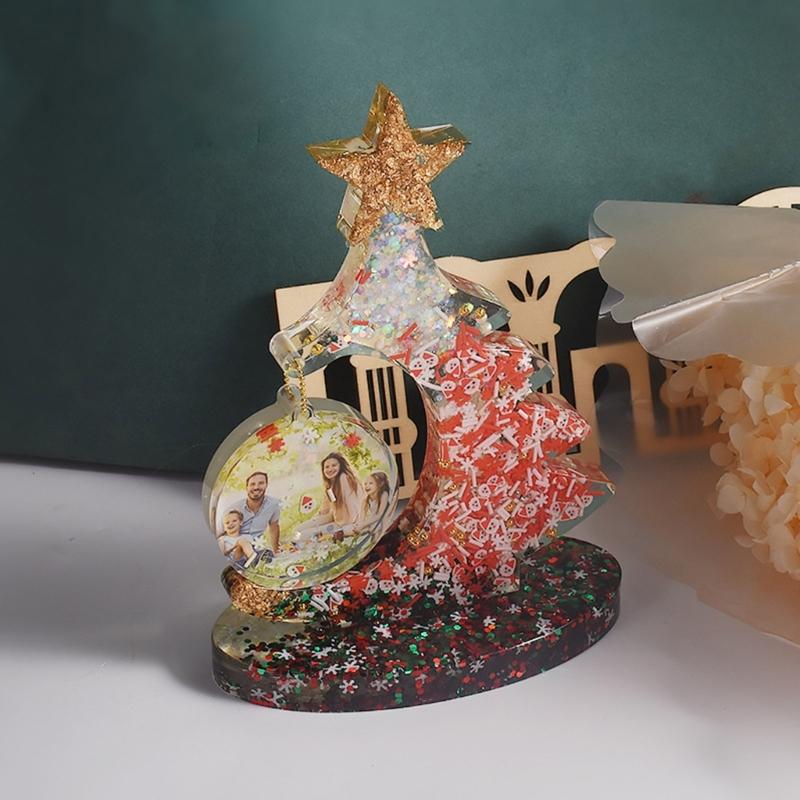 Crystal Epoxy Resin Christmas Tree Picture Frame Set Silicone Mold with Support Base for Resin Crafts Making Supplies