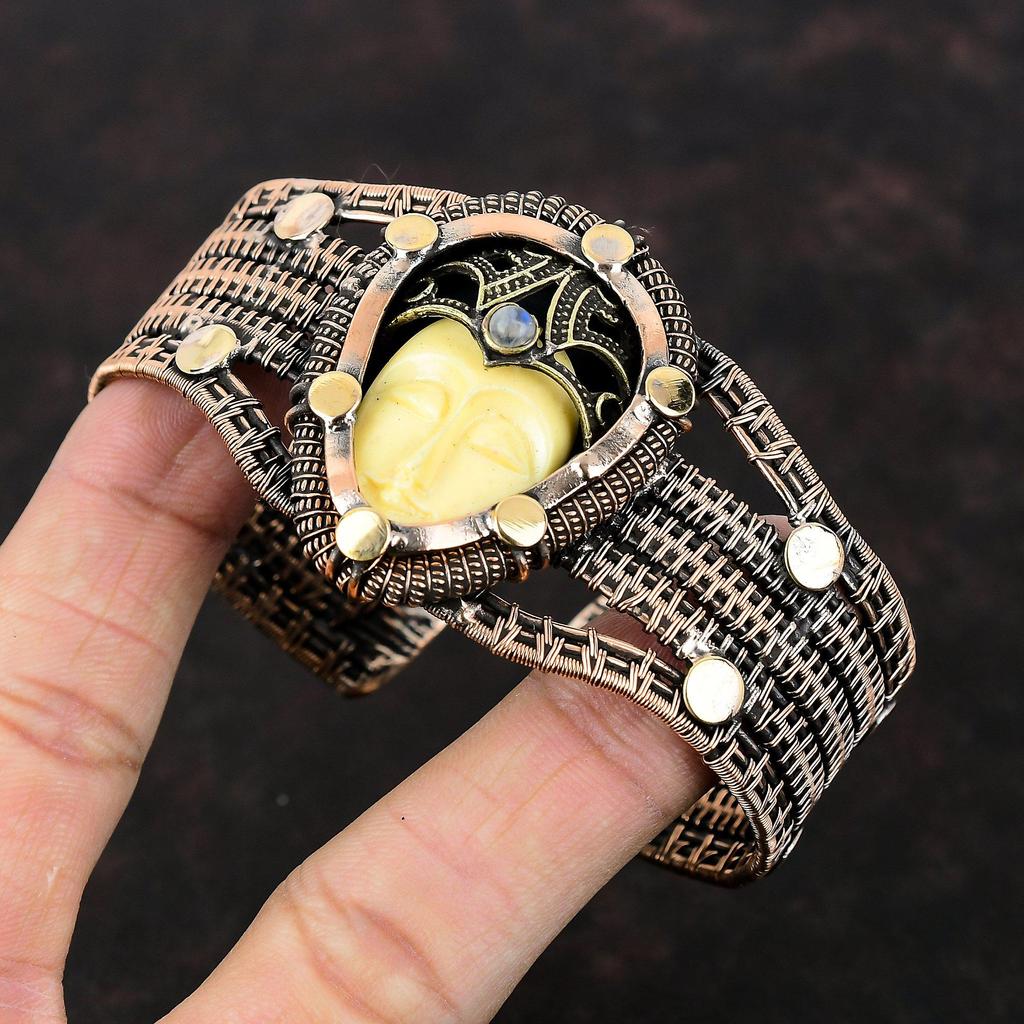 White Carved Bone Face Cuff Bracelet Copper Wire Wrapped Gemstone Bangle Adjustable Cuff Bracelet Moonstone Bangle Handmade Copper Jewelry