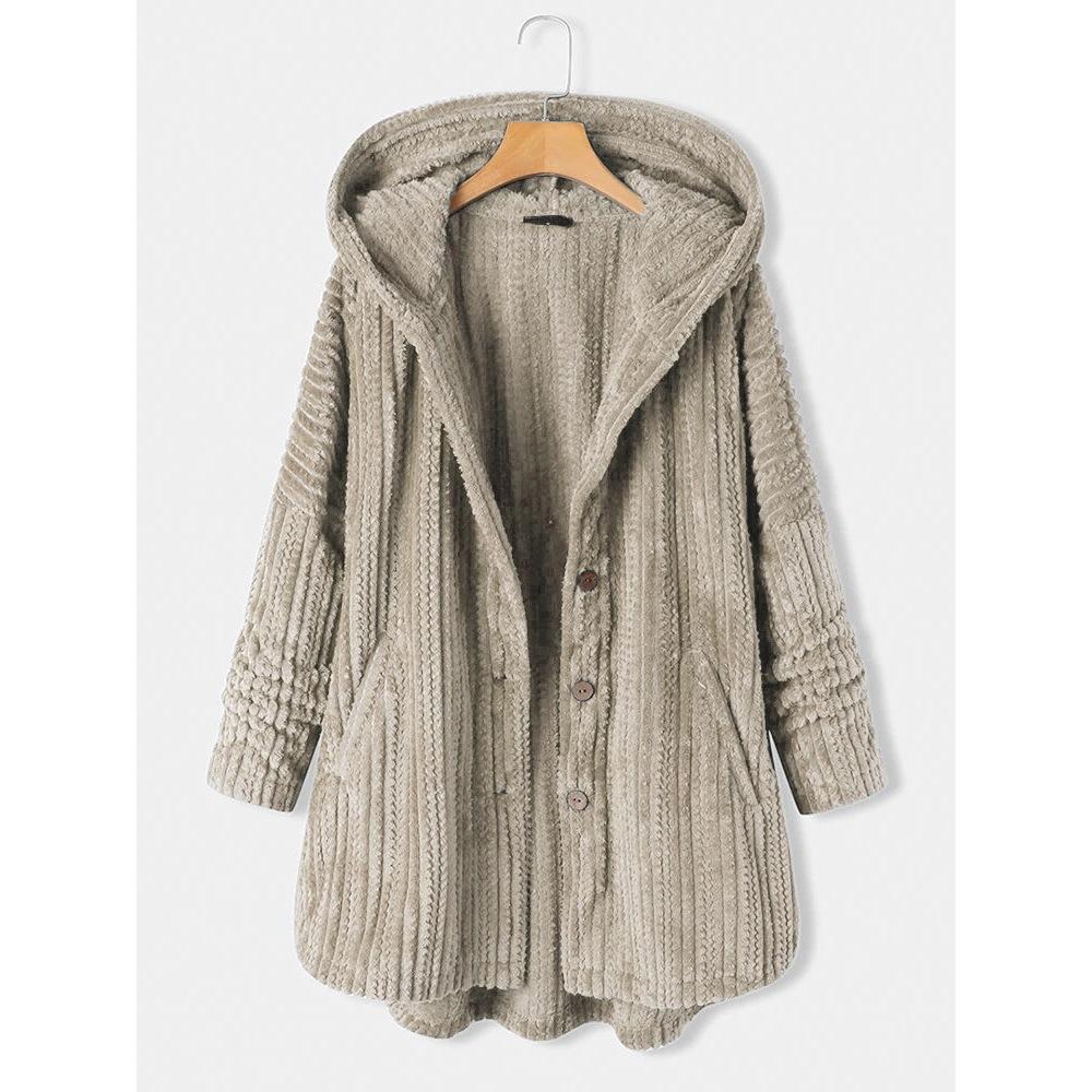 Damen Winter Kapuzen-Cardigan Fleece-Mäntel Langarm Einfarbig Teddybär-Jacke Einreihiger Oberbekleidungsmantel mit Tasche