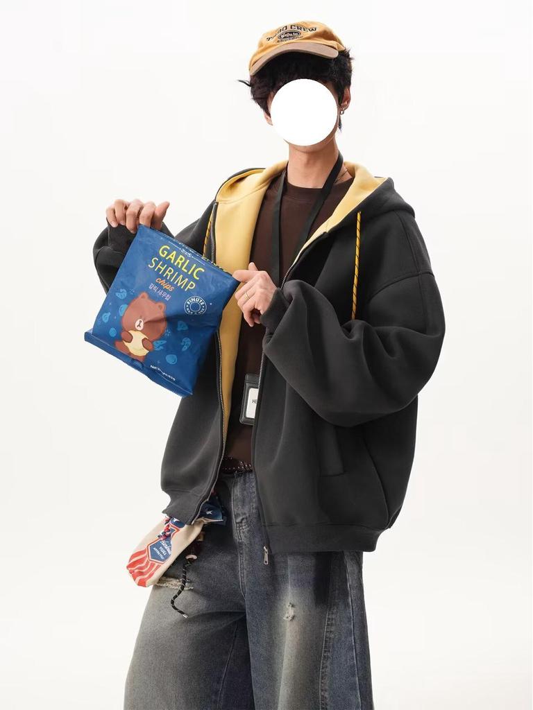 Moletom Color Block Unissex de Outono: Jaqueta Esportiva Solta Estilo College com Zíper Duplo