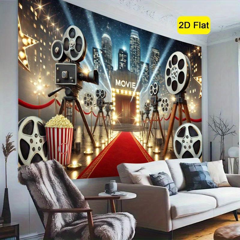 Jeden červený koberec pro hollywoodskou premiéru - nápis kina filmová kamera panorama města v noci