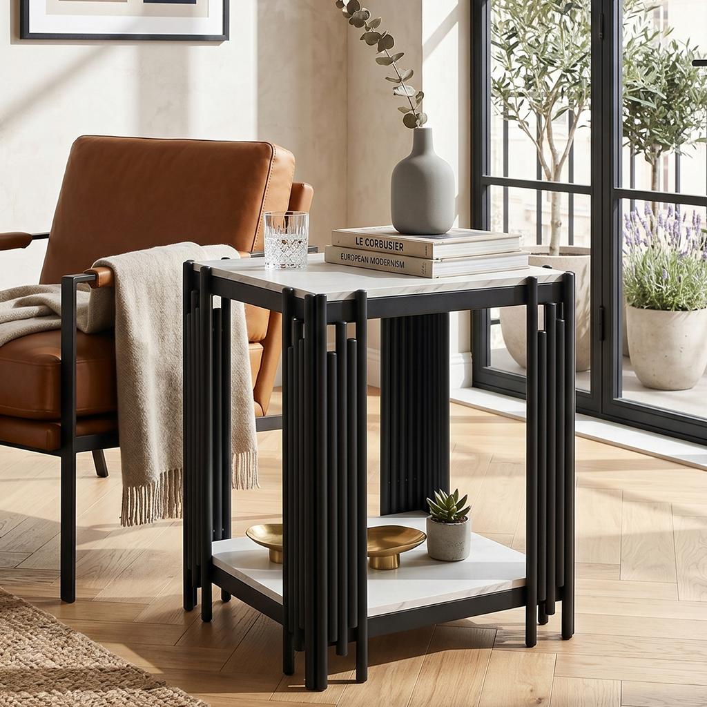 Modern nightstand with 2 shelves, black metal frame, side table in marble look, MDF, for bedroom and hallway, White and Black - H55/W43/D40 cm