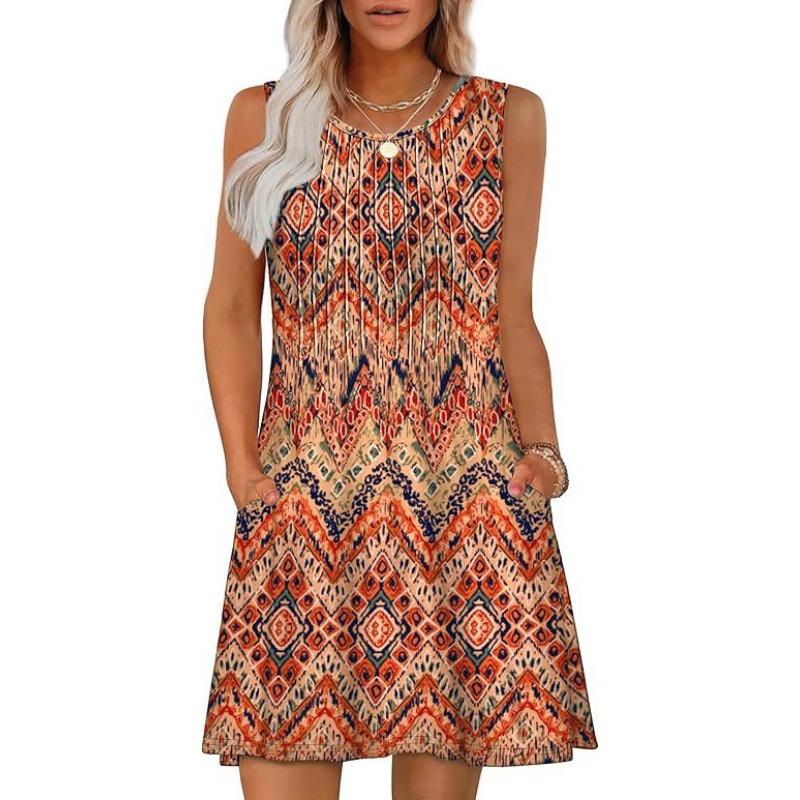 Dámské strečové bezrukávové šaty s potiskem a kapsou s kulatým výstřihem